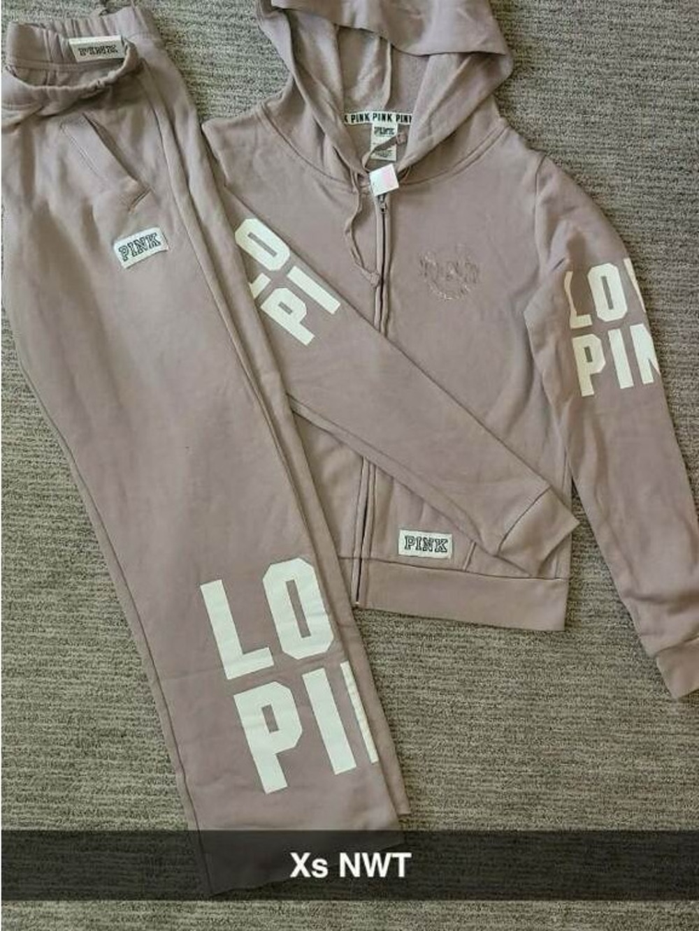 PINK Victoria's Secret Tan Zip Hoodie & Jogger Set with White Logos